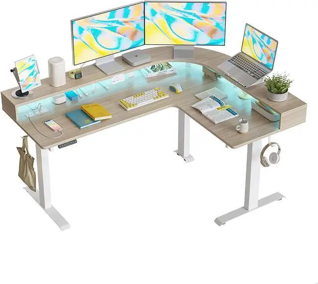 Main image of Triple Motor L Shaped Stadning Desk with LED Strip & Power Outrlets,63 inches Height Adjustable Stand up Corner Desk with Ergonomic Monitor Stand, White Frame/Light Walnut Top