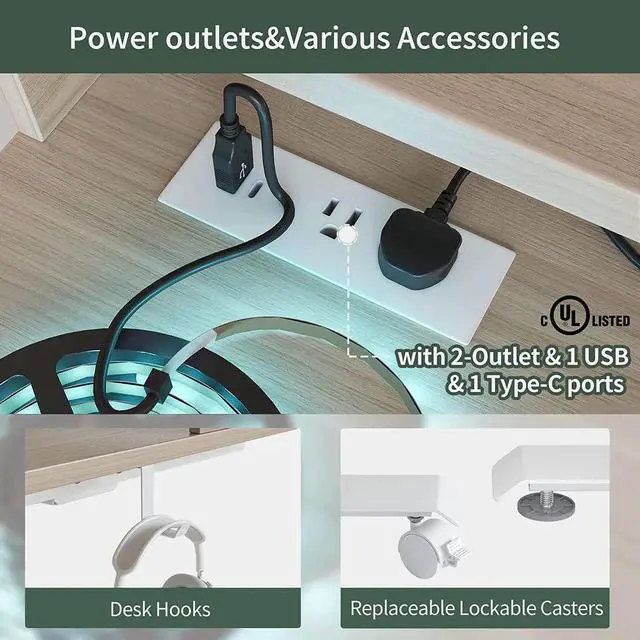 Alt view image 6 of 6 - Triple Motor L Shaped Stadning Desk with LED Strip & Power Outrlets,63 inches Height Adjustable Stand up Corner Desk with Ergonomic Monitor Stand, White Frame/Light Walnut Top