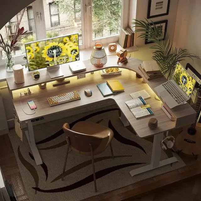 Alt view image 3 of 6 - Triple Motor L Shaped Stadning Desk with LED Strip & Power Outrlets,63 inches Height Adjustable Stand up Corner Desk with Ergonomic Monitor Stand, White Frame/Light Walnut Top