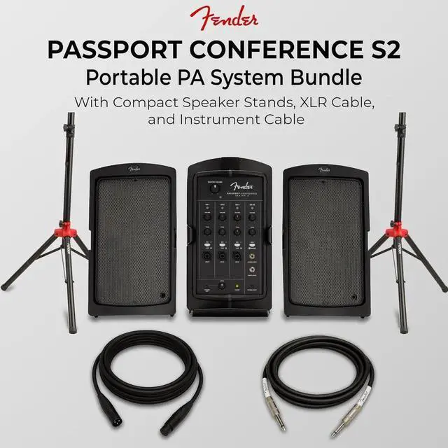 Alt view image 2 of 7 - Passport Conference S2 Portable PA System Bundle with Compact Speaker Stands, XLR Cable, and Instrument Cable