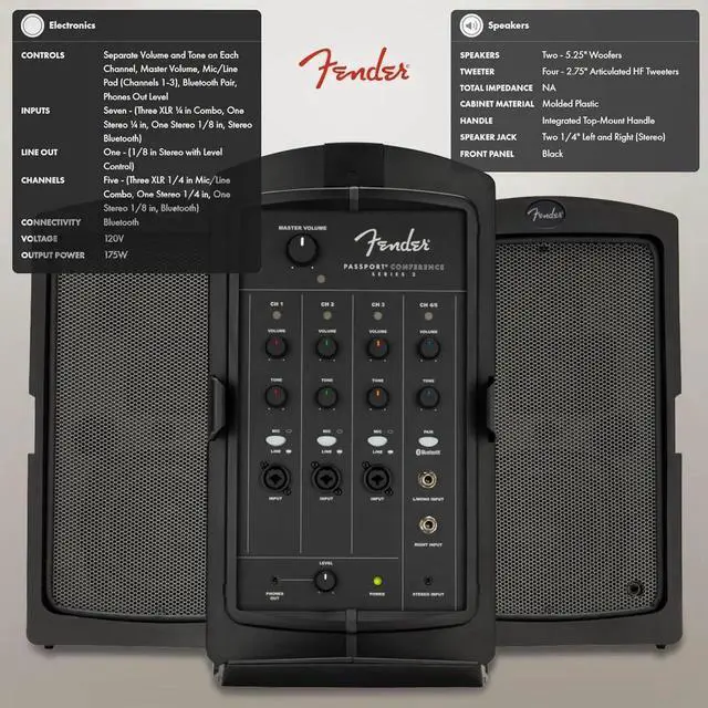 Alt view image 7 of 7 - Passport Conference S2 Portable PA System Bundle with Compact Speaker Stands, XLR Cable, and Instrument Cable