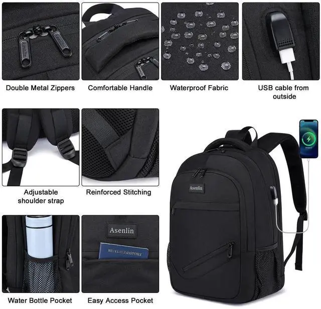 Alt view image 2 of 5 - Asenlin Travel Laptop Backpack for Women & Men,Water Resistant Business Slim Sturdy Laptops Backpack with USB Charging Port,Fits 15.6 Inch Notebook College School Computer Bag-Black