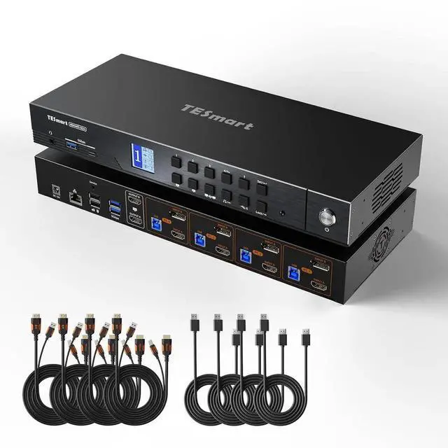 Main image of 4K@144Hz Displayport+HDMI KVM Switch 2 Monitors 4 Computers, HDMI 2.1 & DP 1.4 KVM Switch Dual Monitor 8K@60Hz, Support EDID, Gigabit Network, Hotkey Switch, VRR, All Input Cables