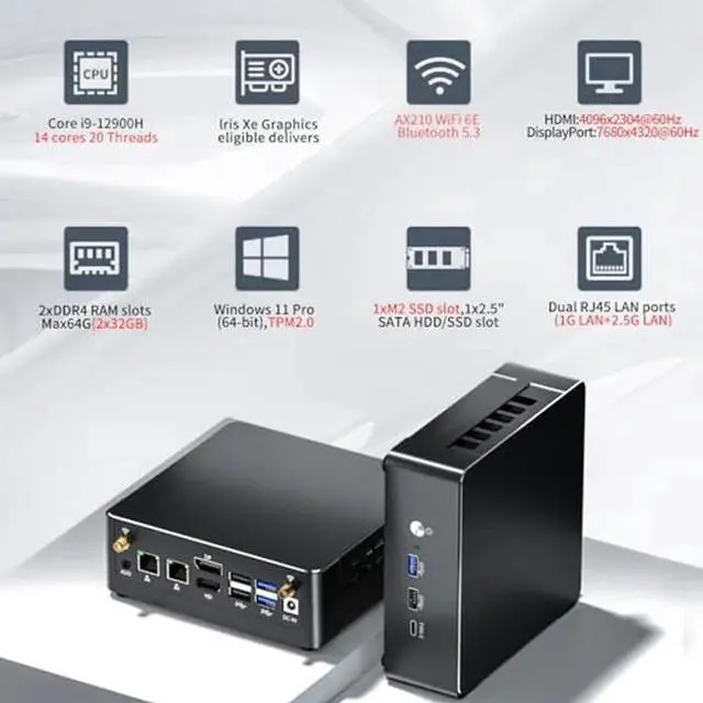 Alt view image 3 of 5 - Kinupute Mini PC i9, Desktop Computer with Core i9-12900H, 14 Cores Upto 5.0GHz, Windows 11 Pro, 64G DDR4, 2T M.2 PCIE4.0 SSD, DP/HDMI/USB-C Triple Display, Support 8K/4K@60Hz, Dual LAN, WiFi6E/BT5.3