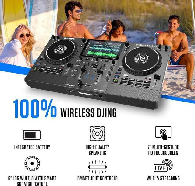 Alt view image 3 of 7 - Mixstream Pro Go Portable DJ Controller with Battery, Mixer with Stem Separation, Speakers, WiFi Streaming, Touchscreen, works with Serato DJ