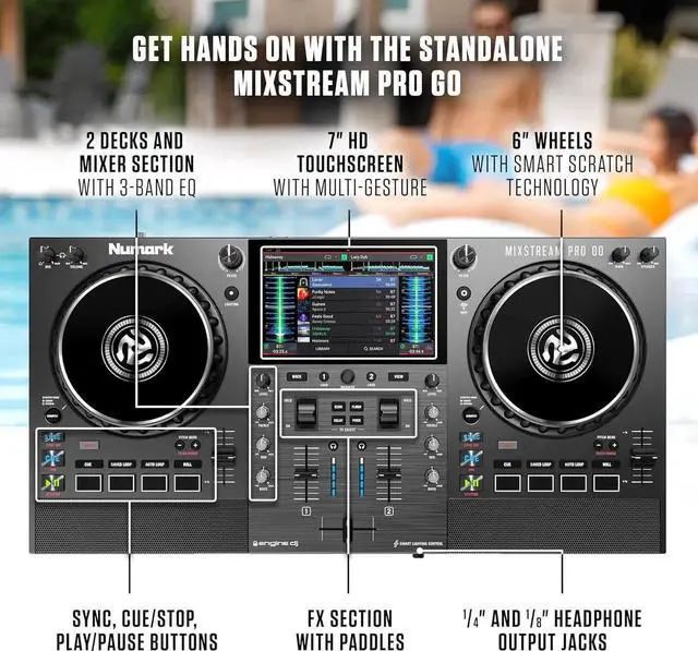 Alt view image 6 of 7 - Mixstream Pro Go Portable DJ Controller with Battery, Mixer with Stem Separation, Speakers, WiFi Streaming, Touchscreen, works with Serato DJ