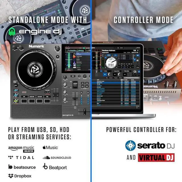 Alt view image 2 of 7 - Mixstream Pro Go Portable DJ Controller with Battery, Mixer with Stem Separation, Speakers, WiFi Streaming, Touchscreen, works with Serato DJ