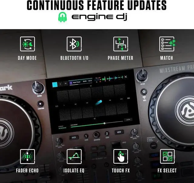 Alt view image 4 of 7 - Mixstream Pro Go Portable DJ Controller with Battery, Mixer with Stem Separation, Speakers, WiFi Streaming, Touchscreen, works with Serato DJ