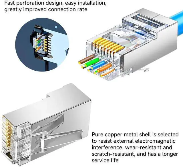 Alt view image 3 of 5 - YIOVVOM Cat 6 Shielded Pass Through RJ45 8P8C Connectors (Cat6 Connector / RJ45 Modular Plugs/Cat 6 Ends/Ethernet Plugs) UTP Network Connector for Solid Wire and Standard Cable, Transparent, 100 Pack