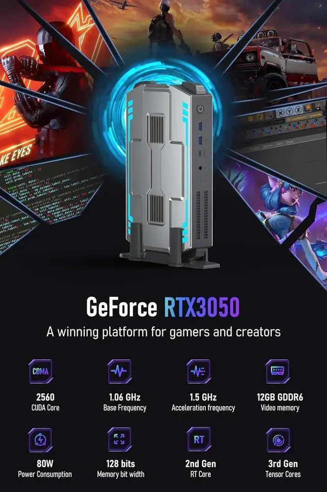 Alt view image 7 of 7 - Mini PC Gaming PC,Desktop Computer, i7-12700H Processor 14 Cores 20 Threads (up to 5GHz),RTX 3050 12G Mini Tower Computer,32GB RAM 1TB SSD,Support 4K Display, Dual LAN,WiFi 5,BT 5.0,RGB