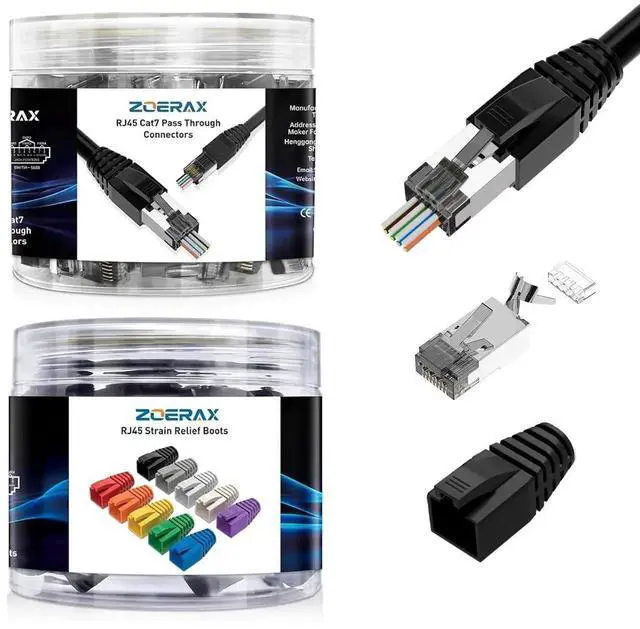 Main image of ZOERAX RJ45 Connectors, Ethernet Connector CAT6A, and CAT7 RJ45 Pass Through Connectors & Strain Relief Boots 50-Pack (50 Connectors + 50 Boots) - Black