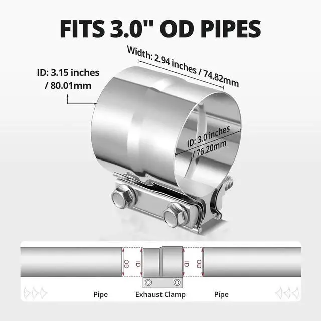 Alt view image 2 of 6 - 3.0'' Exhaust Clamp, Lap Joint Band Clamp Stainless Steel for Pipes, Mufflers, Catalytic Converters (4Pcs, 3.0 inch)