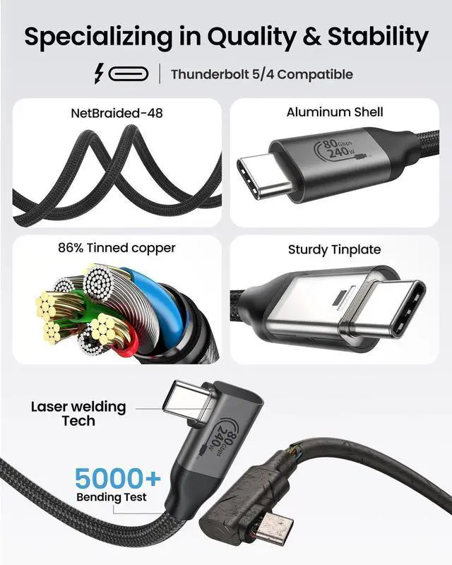 Alt view image 4 of 5 - Silkland 80Gbps Right Angle USB 4 Cable for Thunderbolt 5 Cable 1.6FT, 120Gbps Bandwidth for 16K/Dual 8K, 240W, 90 Degree Braided USB C Video Cable Compatible Thunderbolt 4/5, MacBook M4 Pro,Dock,eGPU