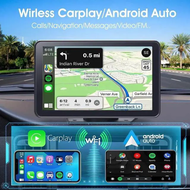 Alt view image 7 of 7 - Portable Wireless Carplay Car Stereo, 7" HD Touchscreen for Car with Apple CarPlay & Android Auto with Backup Camera/Mirror Link/Voice Control/Bluetooth/GPS/AUX/FM Satellite Radio for All Vehicles