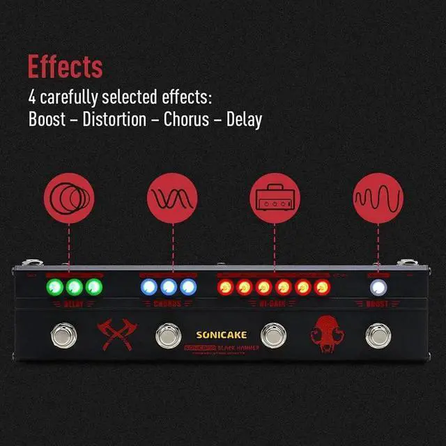 Alt view image 2 of 7 - Guitar Multi Effect Pedal Heavy Metal HiGain Distortion Boost Chorus Delay Guitar Pedal Black Hammer With Adapter