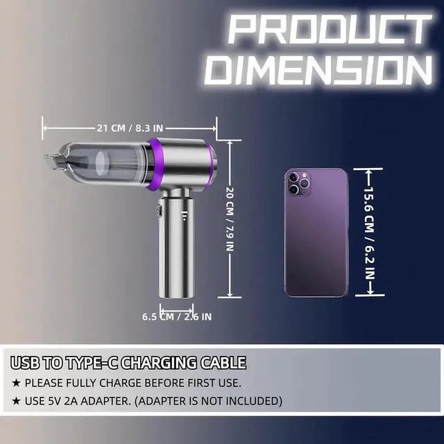 Alt view image 7 of 7 - Handheld Car Vacuum Cleaner, 21000PA Rechargeable High Power Cordless Mini Vacuum Cleaner and Blower 4-in-1 with 3 Gear, Vacuum with Brushless Motor for Car, Home, Office, PC