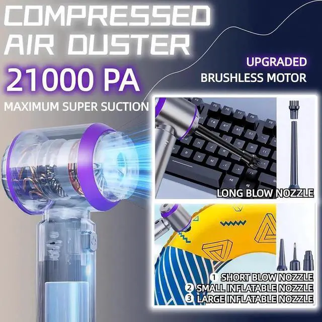 Alt view image 3 of 7 - Handheld Car Vacuum Cleaner, 21000PA Rechargeable High Power Cordless Mini Vacuum Cleaner and Blower 4-in-1 with 3 Gear, Vacuum with Brushless Motor for Car, Home, Office, PC