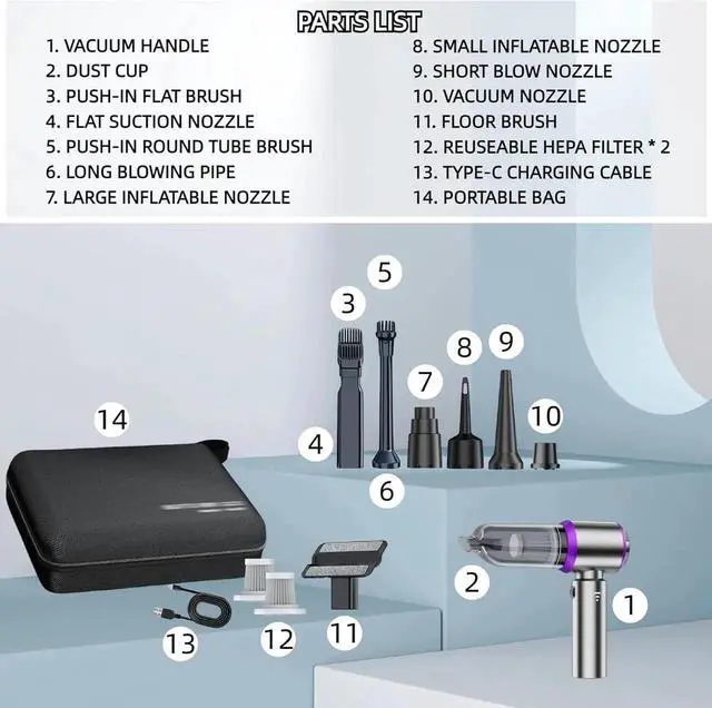 Alt view image 4 of 7 - Handheld Car Vacuum Cleaner, 21000PA Rechargeable High Power Cordless Mini Vacuum Cleaner and Blower 4-in-1 with 3 Gear, Vacuum with Brushless Motor for Car, Home, Office, PC