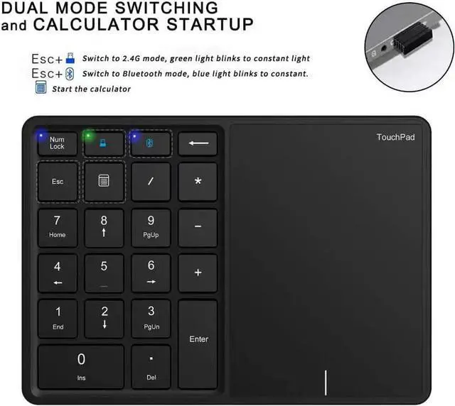 Alt view image 2 of 7 - Wireless Numeric Keypad, 22 Keys 2.4G Bluetooth Number Keyboard with Touchpad, Type C Interface, Support for Win, for iOS, for Android, for OS X Systems(Grey)