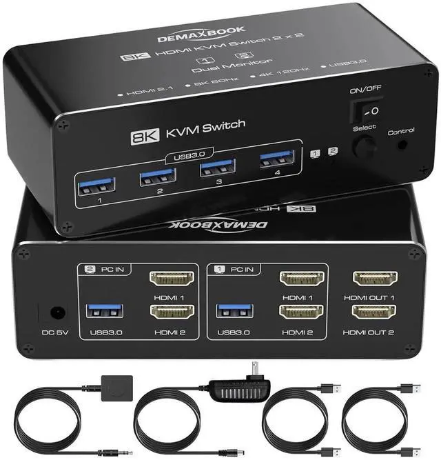 Main image of DEMEXBOOK HDMI KVM Switch 2 Monitors 2 Computers 8K@60Hz 4K@120Hz, with 4 USB 3.0 Ports for 2 Computers Sharing 2 Monitors, Extended/Copy Mode, with Power Adapter,Includes Remote & 2 USB Cables