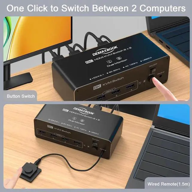 Alt view image 5 of 7 - DEMEXBOOK HDMI KVM Switch 2 Monitors 2 Computers 8K@60Hz 4K@120Hz, with 4 USB 3.0 Ports for 2 Computers Sharing 2 Monitors, Extended/Copy Mode, with Power Adapter,Includes Remote & 2 USB Cables