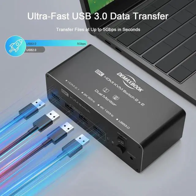 Alt view image 4 of 7 - DEMEXBOOK HDMI KVM Switch 2 Monitors 2 Computers 8K@60Hz 4K@120Hz, with 4 USB 3.0 Ports for 2 Computers Sharing 2 Monitors, Extended/Copy Mode, with Power Adapter,Includes Remote & 2 USB Cables