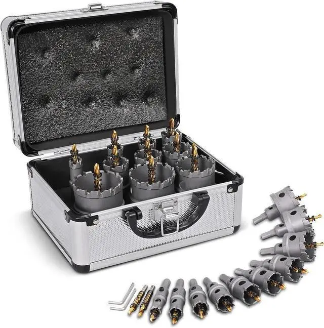 Main image of Heavy Duty Hole Saw Set, 12-Piece, Carbide Hole Cutter Kit, Titanium Plated Pilot Drill Bit, Rust-Proof Aluminum Box