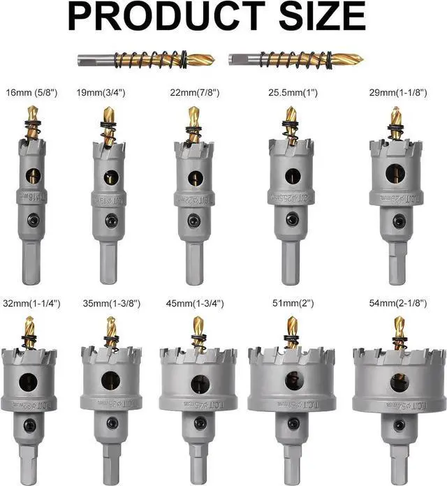 Alt view image 4 of 7 - Heavy Duty Hole Saw Set, 12-Piece, Carbide Hole Cutter Kit, Titanium Plated Pilot Drill Bit, Rust-Proof Aluminum Box