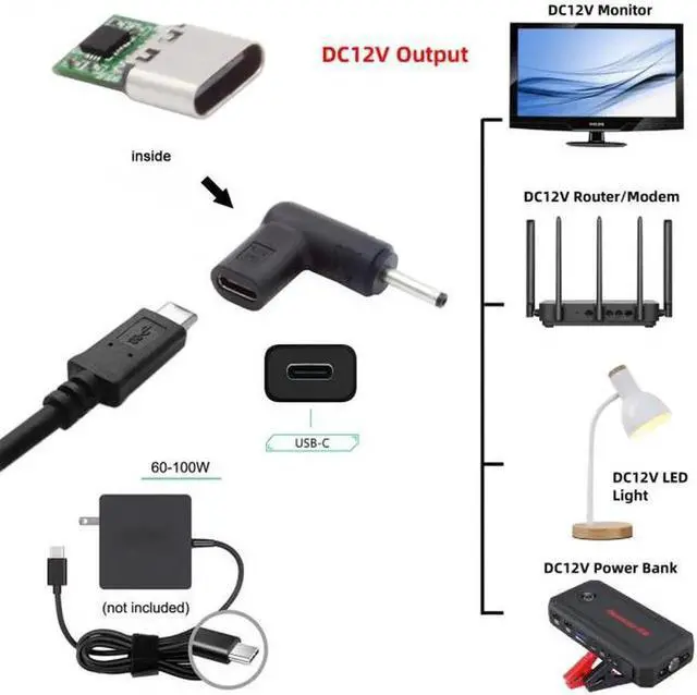 Alt view image 7 of 7 - JVFYI USB 3.1 Type C USB-C Female to DC 12V 3.0x1.1mm Plug Adapter PD Emulator Trigger 90 Degree Angled