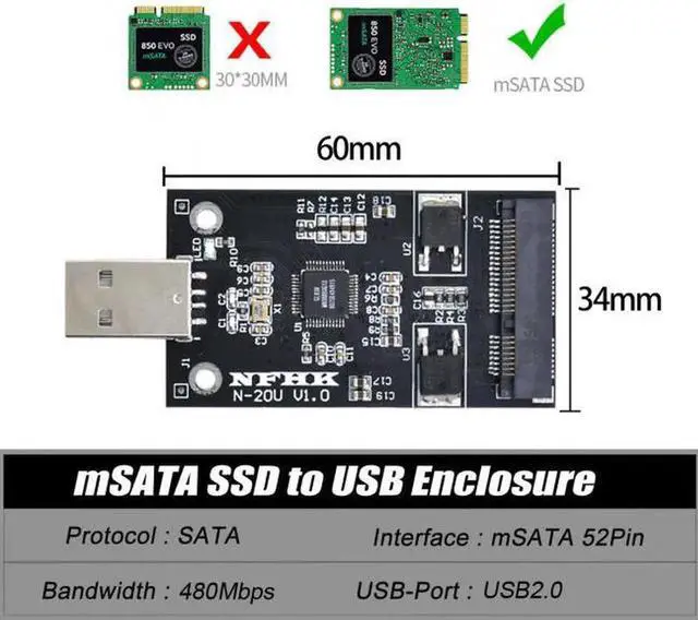 Alt view image 6 of 7 - JVFYI U2-008 Mini PCI-E mSATA to USB 2.0 External SSD PCBA Conveter Adapter Pen Driver Card without Case