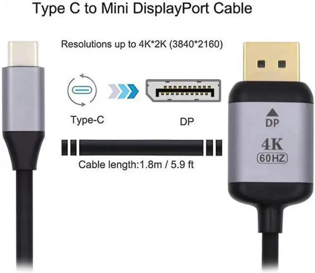 Alt view image 3 of 7 - JVFYI USB 3.1 Type C USB-C Source to DisplayPort DP Displays Male 4K Monitor Cable for Laptop 1.8m