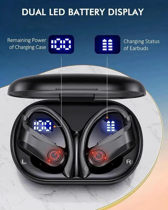 Alt view image 6 of 7 - JVFYI Wireless Earbuds Bluetooth Headphones Sports Over-Ear Bluetooth 5.3 Ear Buds with Earhooks 120H Playtime Wireless Headphones for Workout Waterproof Bluetooth LED Power Display, Black