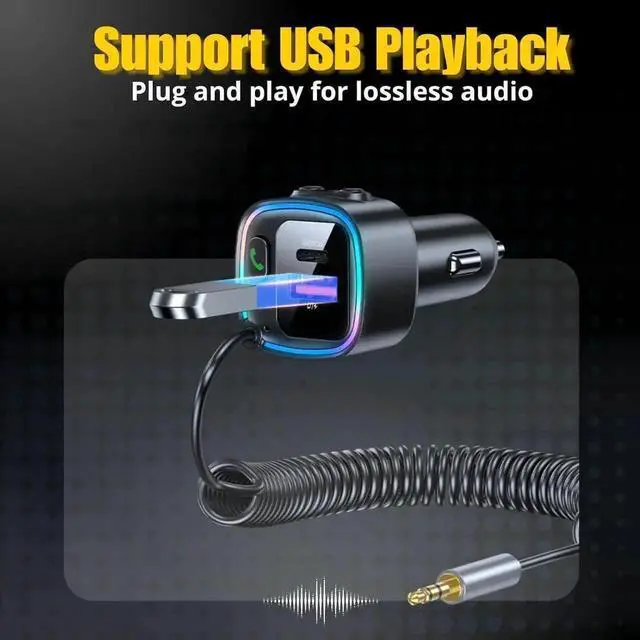 Alt view image 5 of 6 - JVFYI Bluetooth 5.4 Car Adapter Aux, Bluetooth Wireless Transmitter for Car with 3.5mm Auxiliary, Dual USB C and USB A Charging Ports, Hands-Free Calling, Support USB Flash Drive