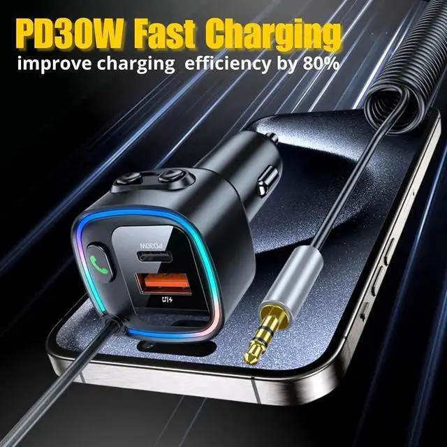 Alt view image 4 of 6 - JVFYI Bluetooth 5.4 Car Adapter Aux, Bluetooth Wireless Transmitter for Car with 3.5mm Auxiliary, Dual USB C and USB A Charging Ports, Hands-Free Calling, Support USB Flash Drive