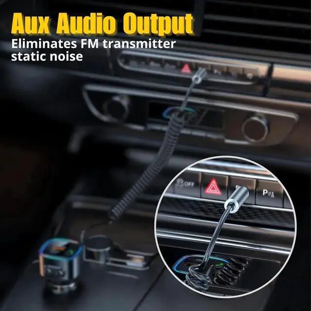 Alt view image 3 of 6 - JVFYI Bluetooth 5.4 Car Adapter Aux, Bluetooth Wireless Transmitter for Car with 3.5mm Auxiliary, Dual USB C and USB A Charging Ports, Hands-Free Calling, Support USB Flash Drive