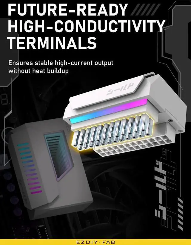 Alt view image 5 of 6 - JVFYI Shield 24-Pin Angle Adapter with Infinity Mirror ARGB Light,ATX 24 Pin Power Connector, 5V 3pin ARGB Sync-180 Degree-White-1 Pack