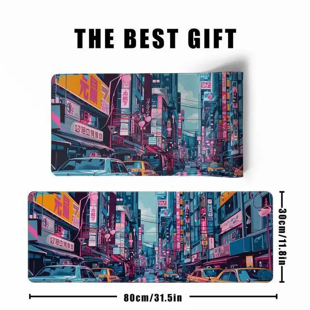 Alt view image 3 of 7 - JVFYI Japanese Mouse Pad Desk Pad 80s City Desk Decor Mat, Large Gaming Mouse Pad for Desk Computer Keyboard Laptop, Desk Decor Home Office Accessories (31.5x11.8 in)-with Stitched Eges Pad