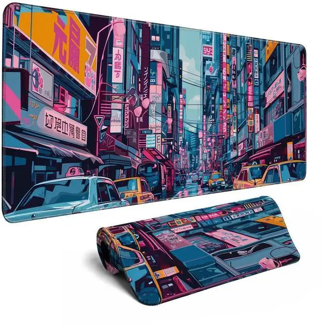 Main image of JVFYI Japanese Mouse Pad Desk Pad 80s City Desk Decor Mat, Large Gaming Mouse Pad for Desk Computer Keyboard Laptop, Desk Decor Home Office Accessories (31.5x11.8 in)-with Stitched Eges Pad