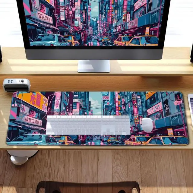 Alt view image 2 of 7 - JVFYI Japanese Mouse Pad Desk Pad 80s City Desk Decor Mat, Large Gaming Mouse Pad for Desk Computer Keyboard Laptop, Desk Decor Home Office Accessories (31.5x11.8 in)-with Stitched Eges Pad