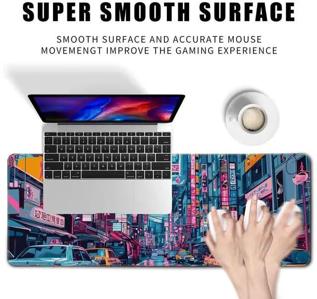 Alt view image 7 of 7 - JVFYI Japanese Mouse Pad Desk Pad 80s City Desk Decor Mat, Large Gaming Mouse Pad for Desk Computer Keyboard Laptop, Desk Decor Home Office Accessories (31.5x11.8 in)-with Stitched Eges Pad