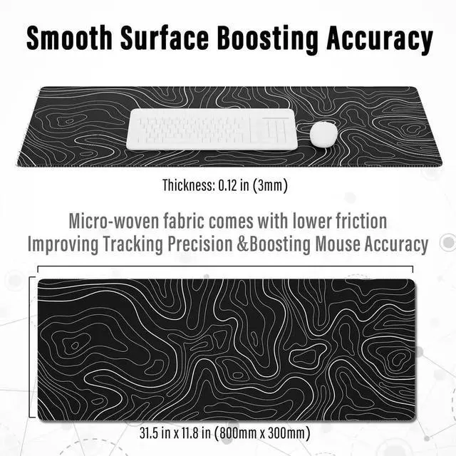 Alt view image 3 of 7 - JVFYI Large Gaming Mouse Pad with Stitched Edges, Topographic Map Topo Mousepad Gaming, Extended XL Large Mousepad with Anti-Slip Base, Cool Mouse Pads for Desk, 31.5 x 11.8 in, Black
