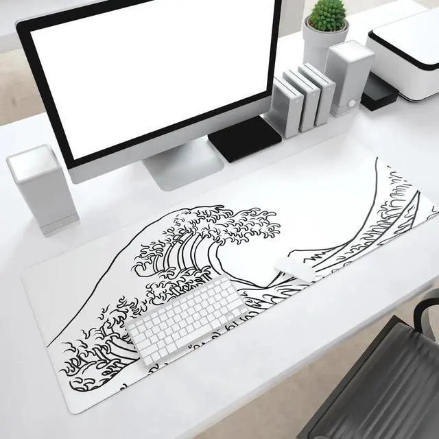 Alt view image 7 of 7 - JVFYI Gaming Mouse Pad with Stitched Edges, Japanese Wave White Extended XL Mousepad with Anti-Slip Base, Cool Large Mouse Pad for Desk, 31.5 x 11.8 in, White