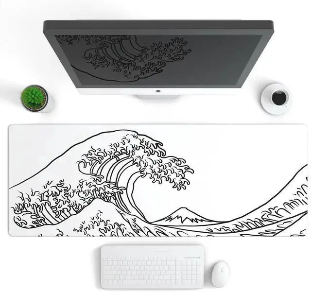 Alt view image 2 of 7 - JVFYI Gaming Mouse Pad with Stitched Edges, Japanese Wave White Extended XL Mousepad with Anti-Slip Base, Cool Large Mouse Pad for Desk, 31.5 x 11.8 in, White