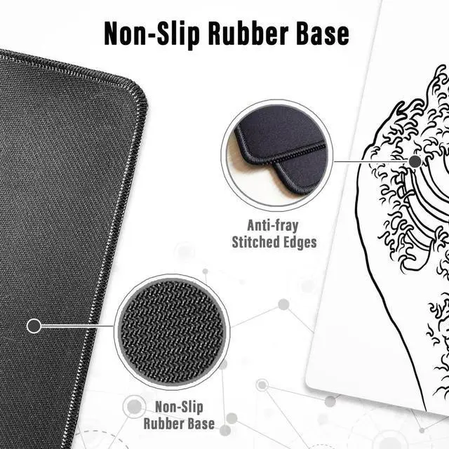 Alt view image 5 of 7 - JVFYI Gaming Mouse Pad with Stitched Edges, Japanese Wave White Extended XL Mousepad with Anti-Slip Base, Cool Large Mouse Pad for Desk, 31.5 x 11.8 in, White