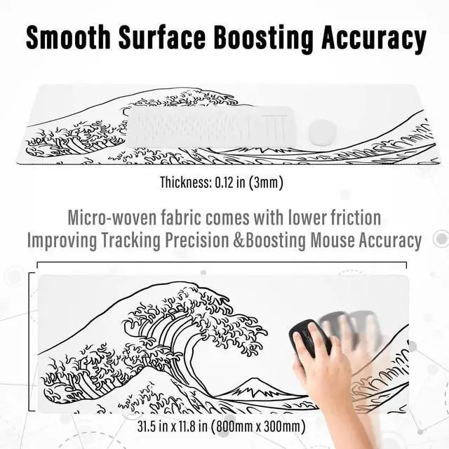 Alt view image 6 of 7 - JVFYI Gaming Mouse Pad with Stitched Edges, Japanese Wave White Extended XL Mousepad with Anti-Slip Base, Cool Large Mouse Pad for Desk, 31.5 x 11.8 in, White