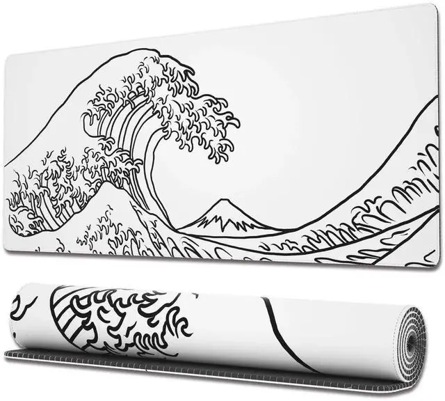 Main image of JVFYI Gaming Mouse Pad with Stitched Edges, Japanese Wave White Extended XL Mousepad with Anti-Slip Base, Cool Large Mouse Pad for Desk, 31.5 x 11.8 in, White