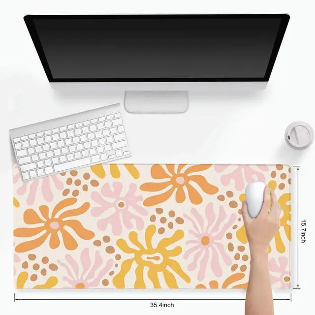 Alt view image 2 of 7 - JVFYI Desk Mat Mouse Pad Protector, Large Gaming Non Slip Computer Laptop Desk Blotter, Stitched Edges Keyboard Mouse Mat Desk Pad, 35.4" x 15.7" Extended Mousepad Home Office, Pink Orange Flowers