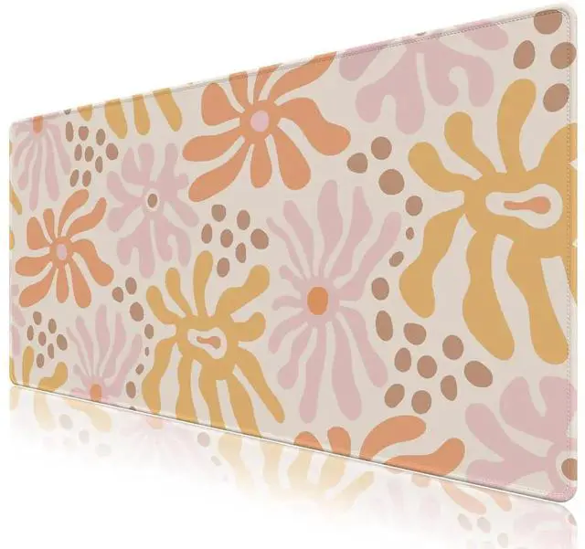 Main image of JVFYI Desk Mat Mouse Pad Protector, Large Gaming Non Slip Computer Laptop Desk Blotter, Stitched Edges Keyboard Mouse Mat Desk Pad, 35.4" x 15.7" Extended Mousepad Home Office, Pink Orange Flowers