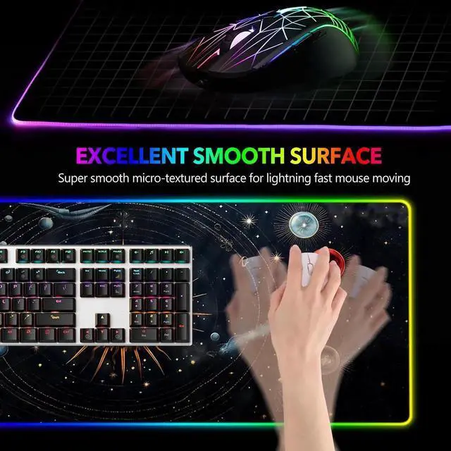 Alt view image 4 of 7 - JVFYI RGB Mouse Pad LED Gaming Mouse Pad with 14 Lights Modes, Non-Slip Rubber Base Computer Carpet Desk Mat for PC Laptop (35.4 x 15.8 inch) Abstract Solar System