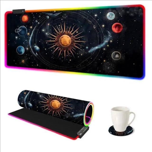 Main image of JVFYI RGB Mouse Pad LED Gaming Mouse Pad with 14 Lights Modes, Non-Slip Rubber Base Computer Carpet Desk Mat for PC Laptop (35.4 x 15.8 inch) Abstract Solar System